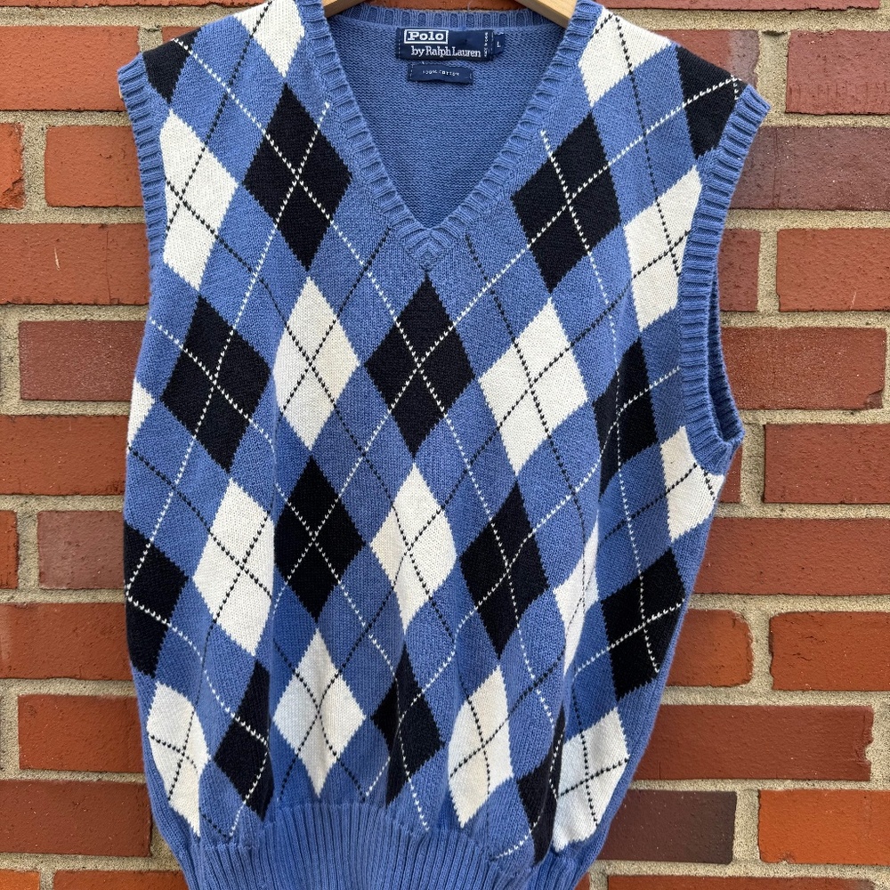Polo Ralph Lauren Argyle Sweater Preppy Vest V-Neck Blue Navy White- L